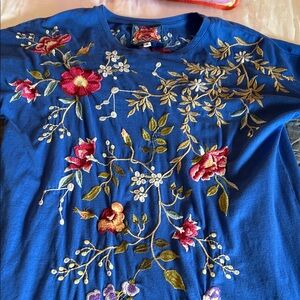Floral Embroidered Blue Tshirt Dress